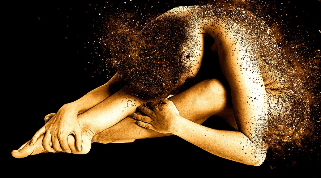 A portrait on black background of a white-appearing person sitting nude, leaning forward and folded in half over their legs. Their hands are draped on a foot & on a shin, and their head is down with forward between knees. Their hair and the skin of their back appears to be turning into galaxy dust or breaking apart as if it is water.