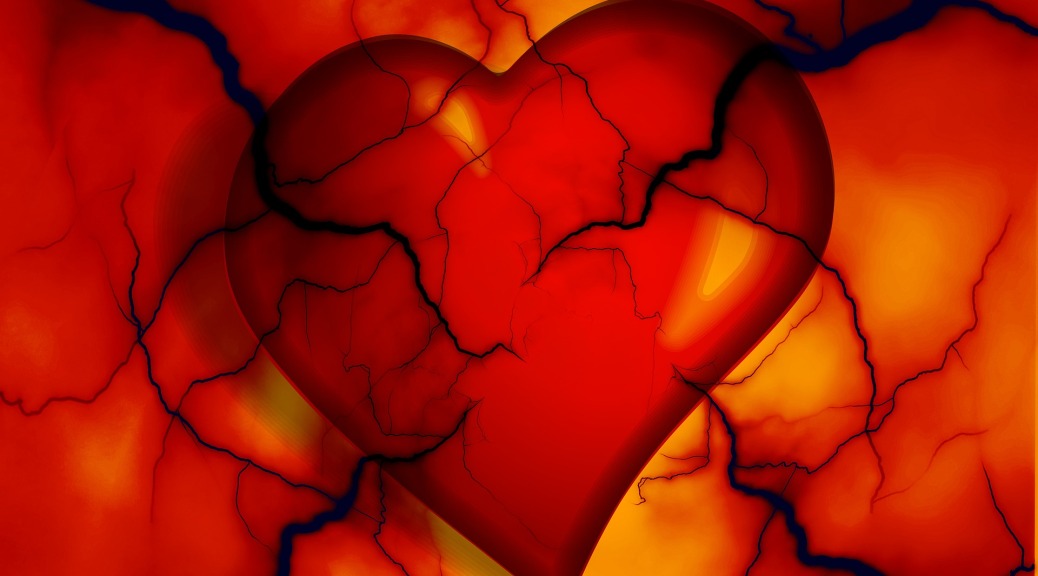 A graphic of a red heart on a red, yellow, and orange background. Dark veins of different sizes are entering the picture from all sides and partially obstructing the heart